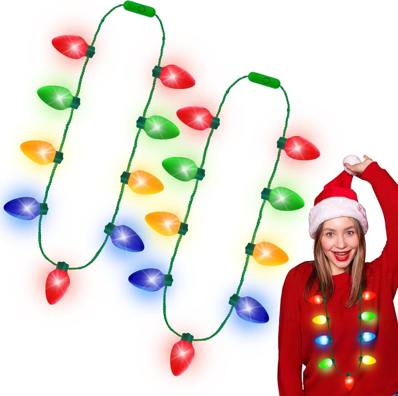 Christmas Party Favors, 2PCS Light Up Christmas Necklace, 3 Modes Christmas Necklace, LED Christmas Accessories for Kids Red Yellow Blue Green Bulbs Glow Necklaces New Year Ugly Sweater Party